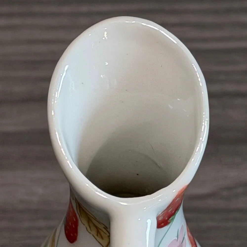 Vintage Strawberry Ceramic Bud Vase Pitcher Handle Floral Cottagecore Decor 7